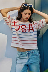 Trendsi SO ME Usa Stripe Knit Short Sleeves Sweater Top -