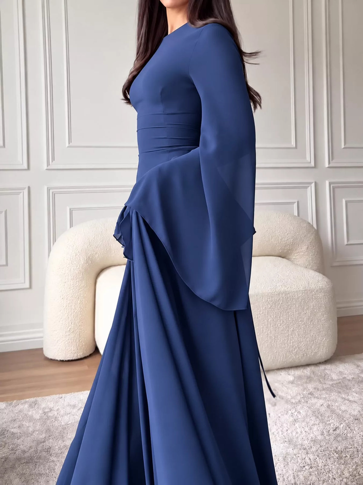Royal blue ruffled flare sleeve maxi dress, side view