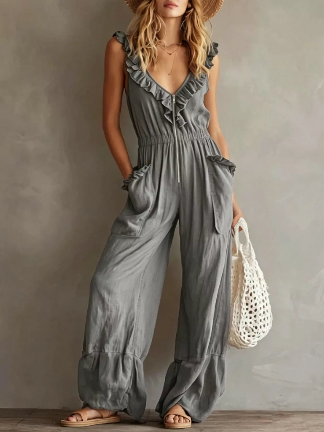 Trendsi Ruffled V-Neck Wide Leg Jumpsuit -