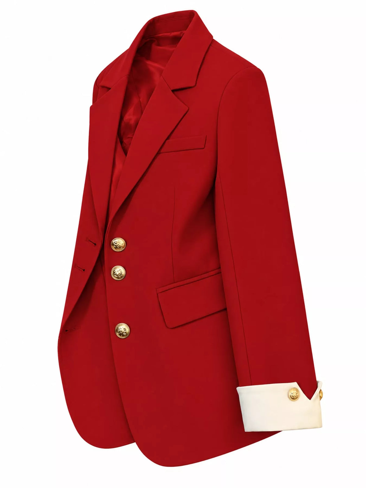 Red single-breasted blazer with gold-tone buttons, side view