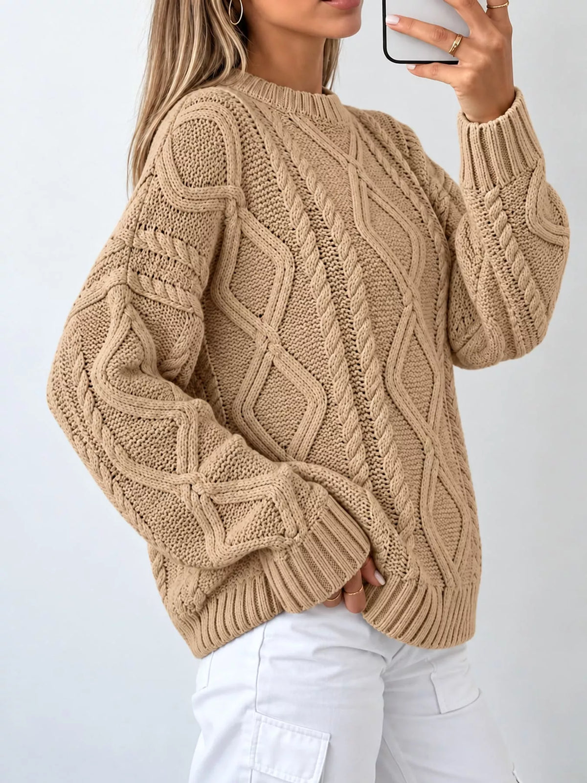Khaki cable-knit round neck sweater