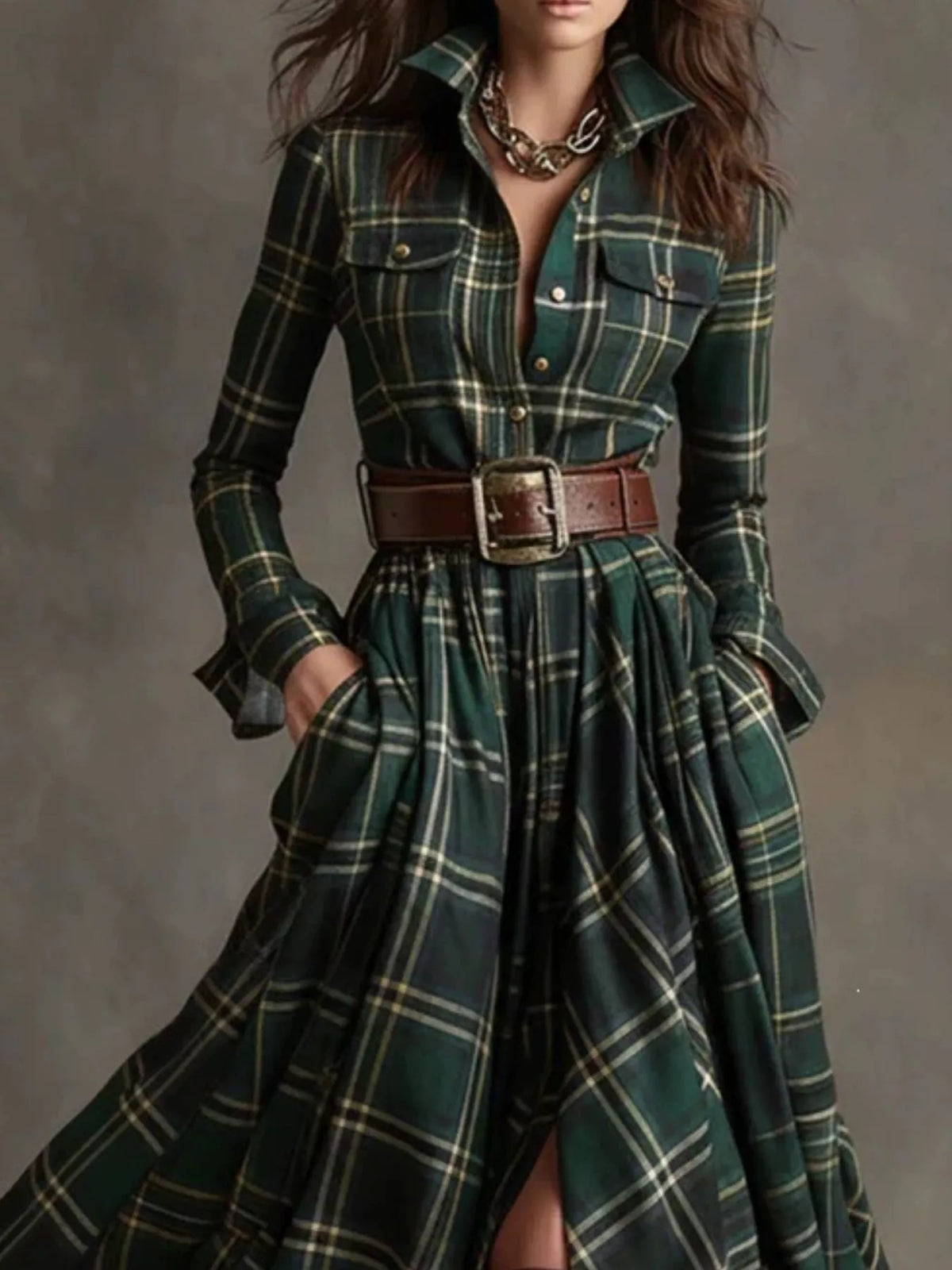 Vintage Plaid Button-Down Maxi Shirt Dress in green