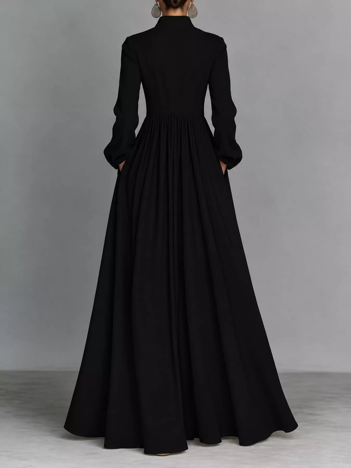 Black long sleeve button-front maxi dress, back view
