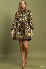 Trendsi Umgee Floral Print Belted Puff Sleeve Mini Dress -