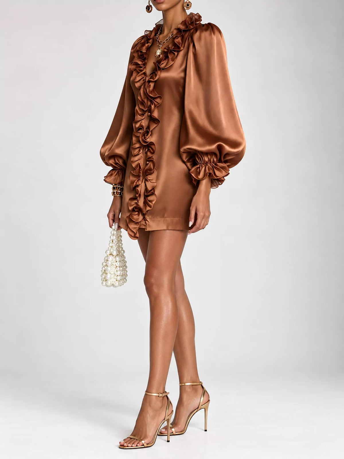 Ruffle Trim Puff Sleeve Mini Dress in caramel, side view