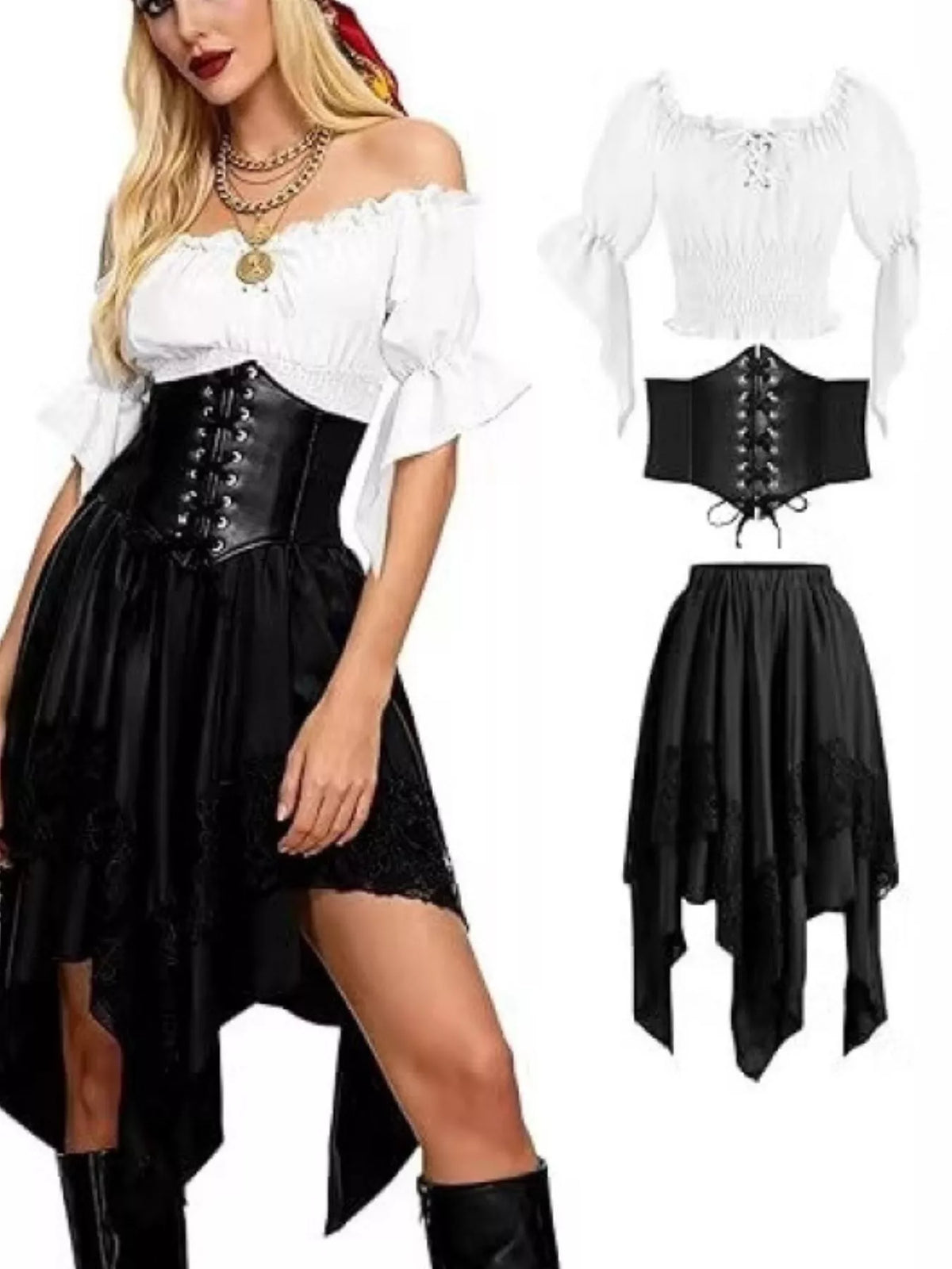 Black skirt and white top off-shoulder top, waist band and skirt set — front view