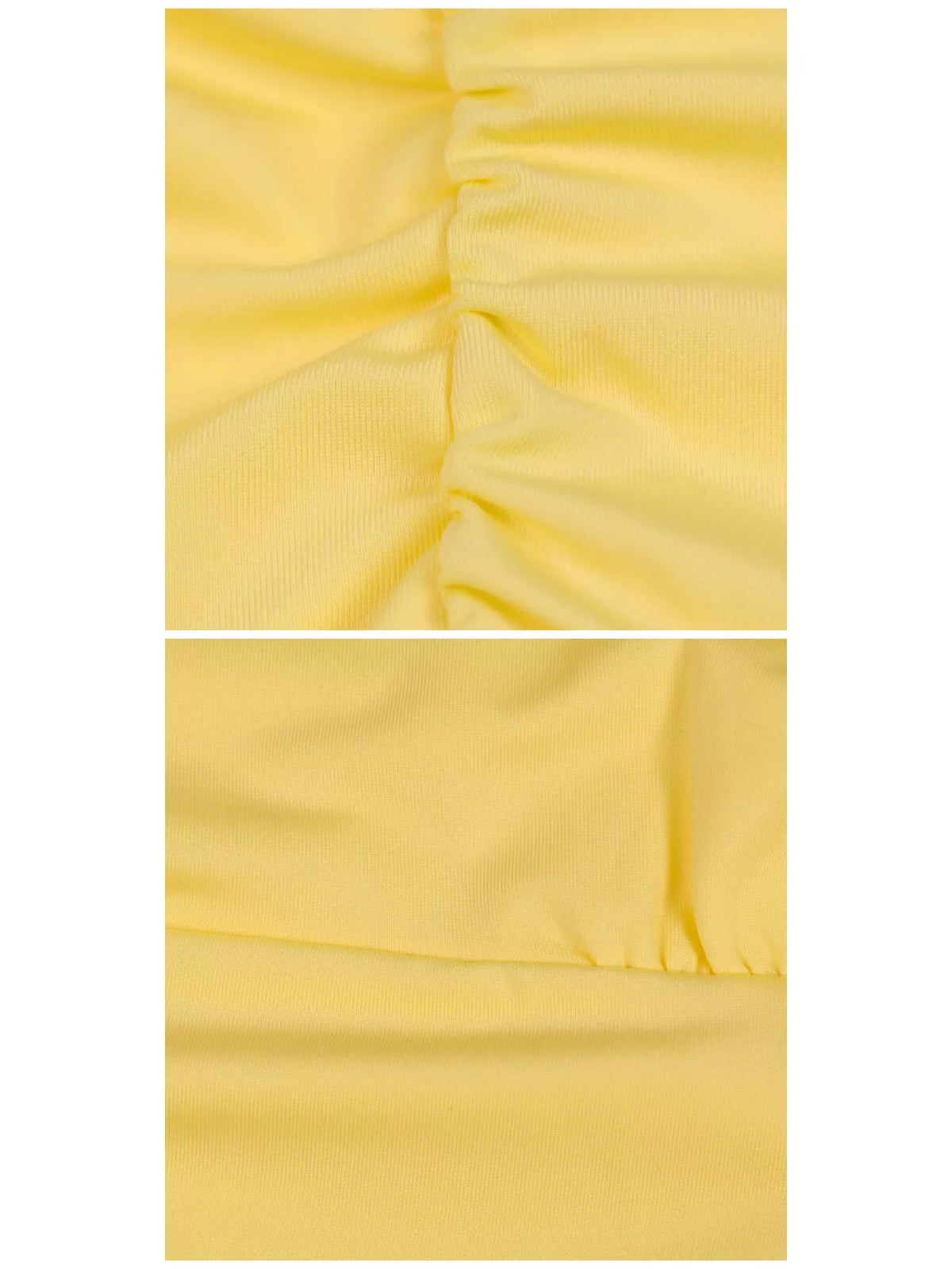 Yellow ruched spaghetti strap layered mini dress, ruching detail