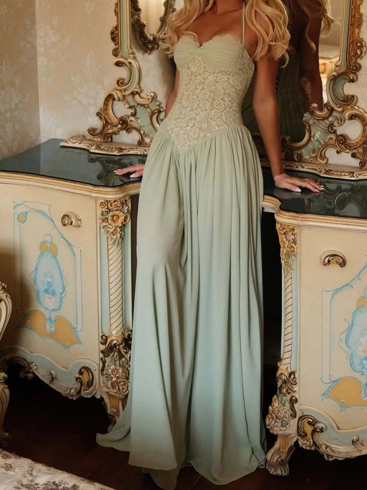 Mint green lace corset halter neck maxi dress — front view