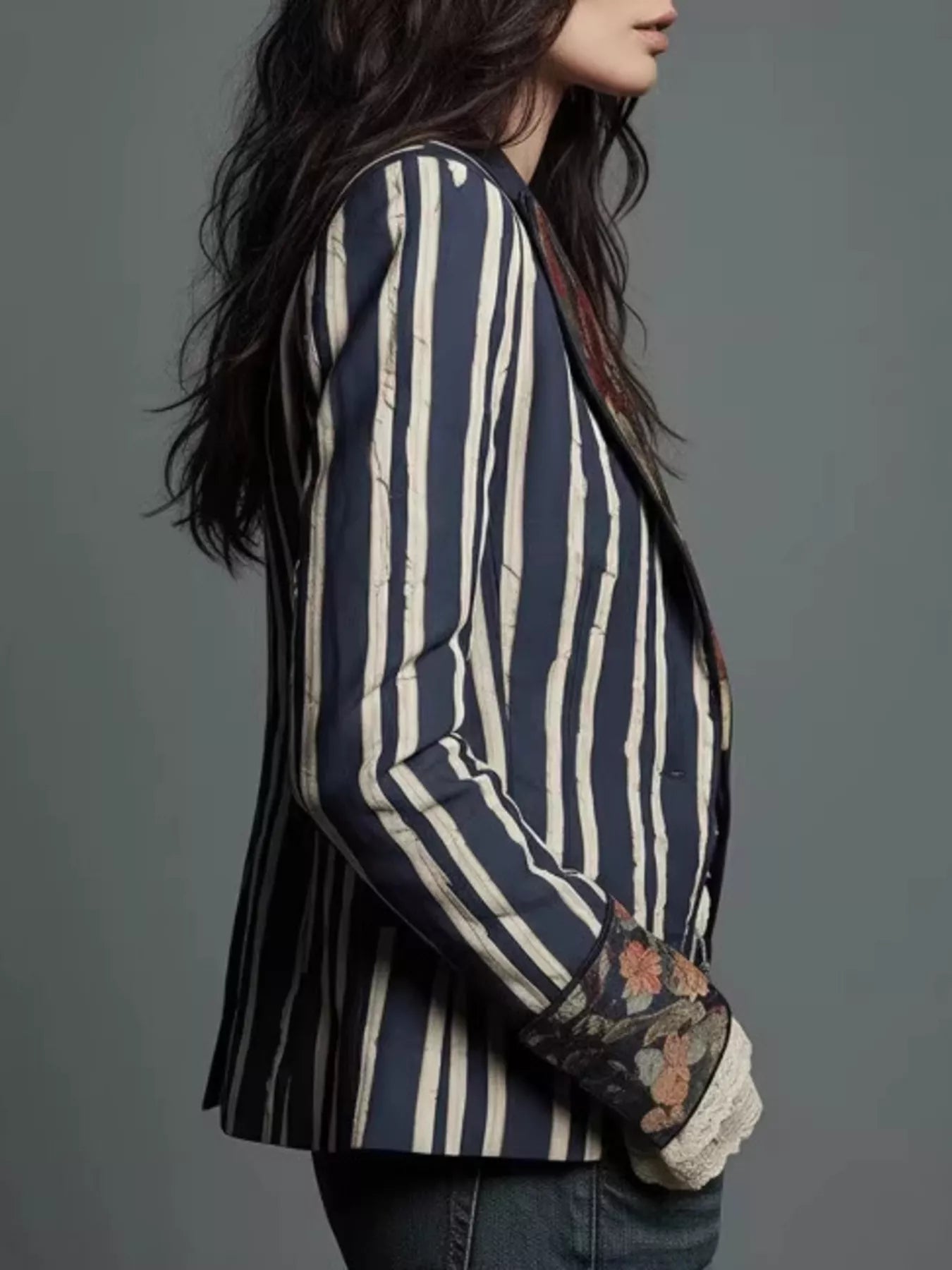 Trendsi Striped Floral Contrast Slim Fit Blazer -