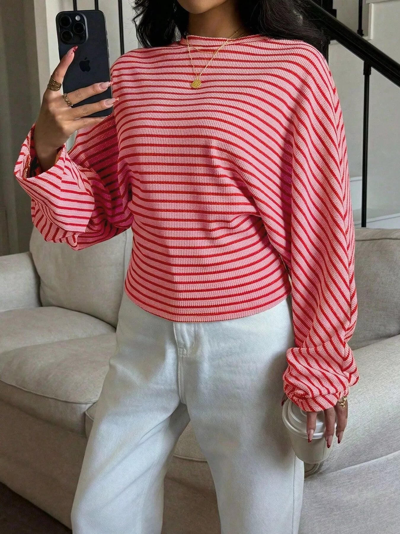 Trendsi Casual Striped Batwing Sleeve T-Shirt -