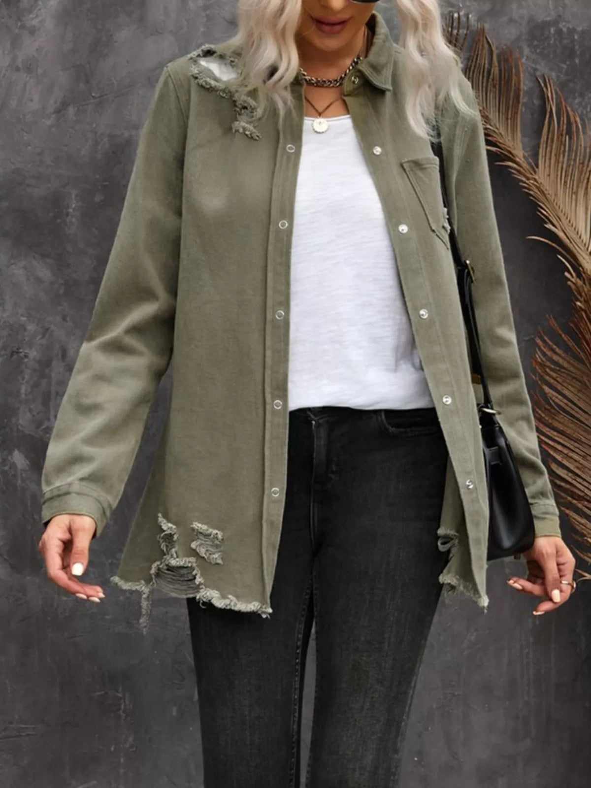 Trendsi Raw Hem Distressed Denim Shirt Jacket -