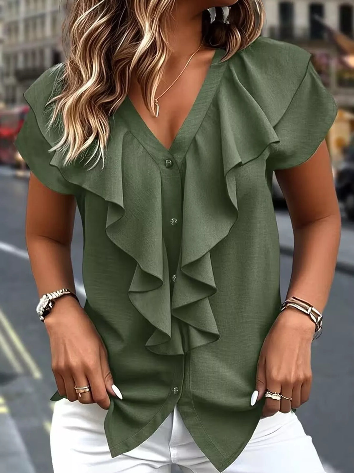 Dark Green v-neck ruffle trim button-down shirt