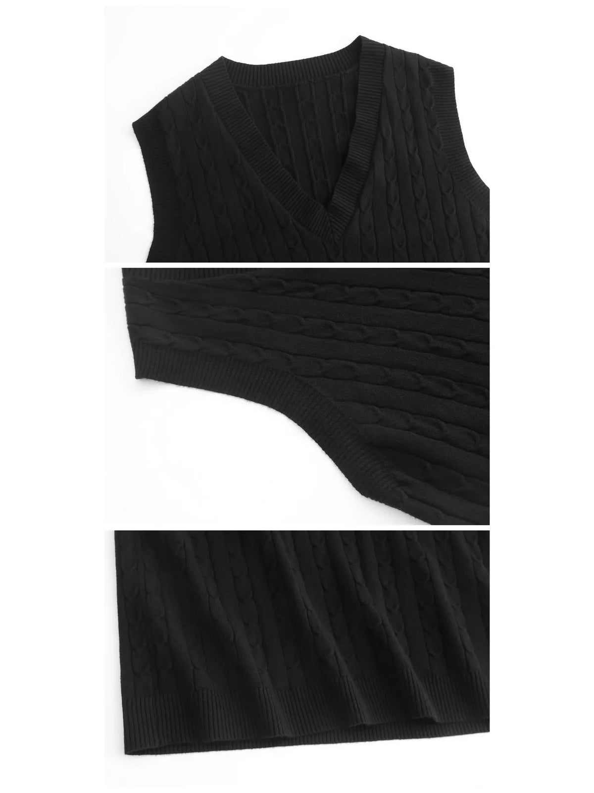 Cable-knit sweater vest, black detail collage