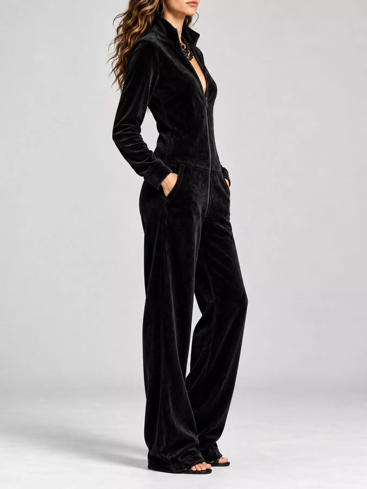 Velour Zip-Up Jumpsuit with Pockets, side view
