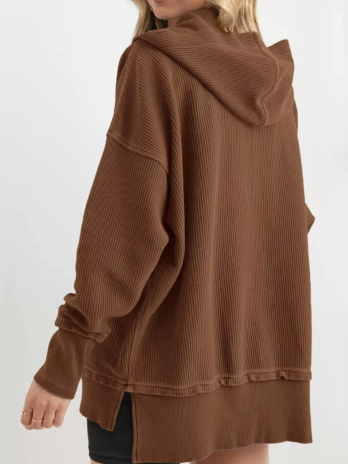 Women's Snap Button Placket Dropped Shoulder Hoodie in brown — back view