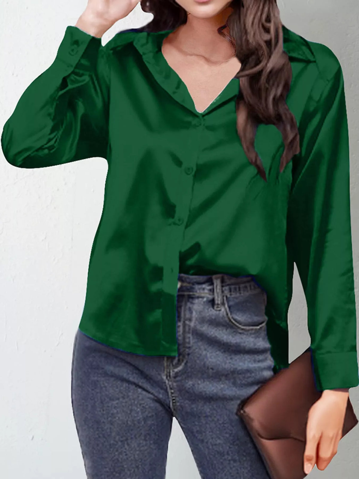 Dark Green satin button-down long sleeve shirt