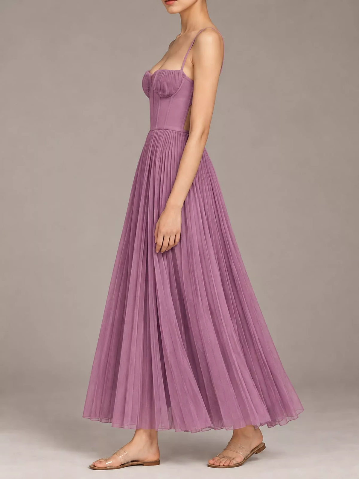 Purple pleated sweetheart neck midi dress — side view