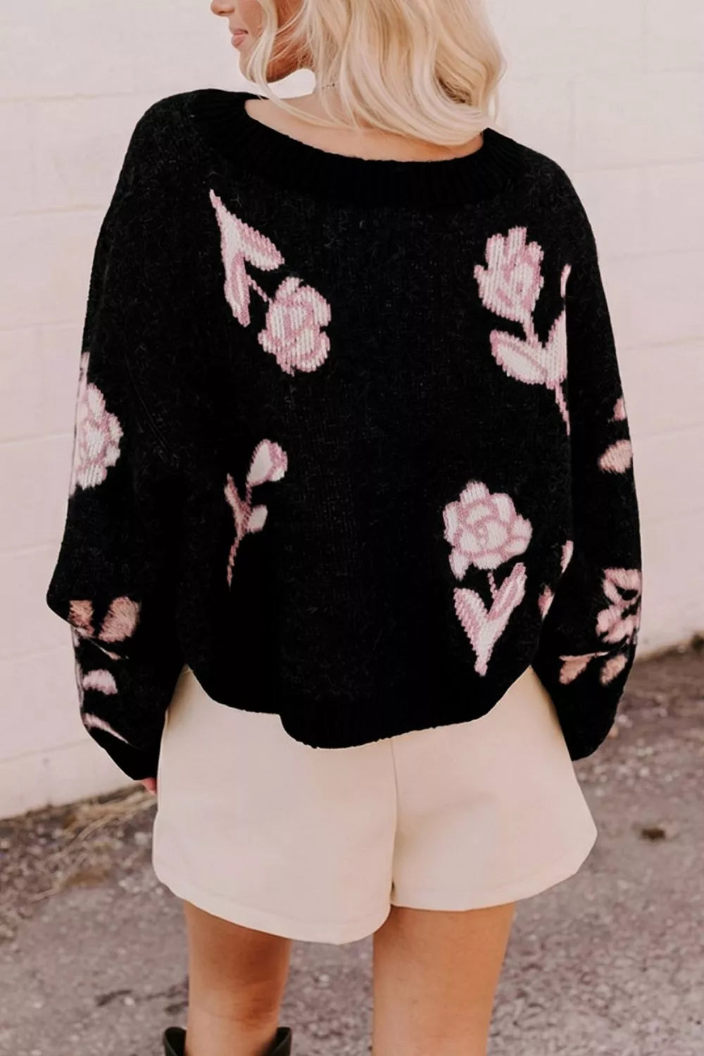 Trendsi Floral Pattern Puff Sleeve Dropped Shoulder Pullover Sweater -