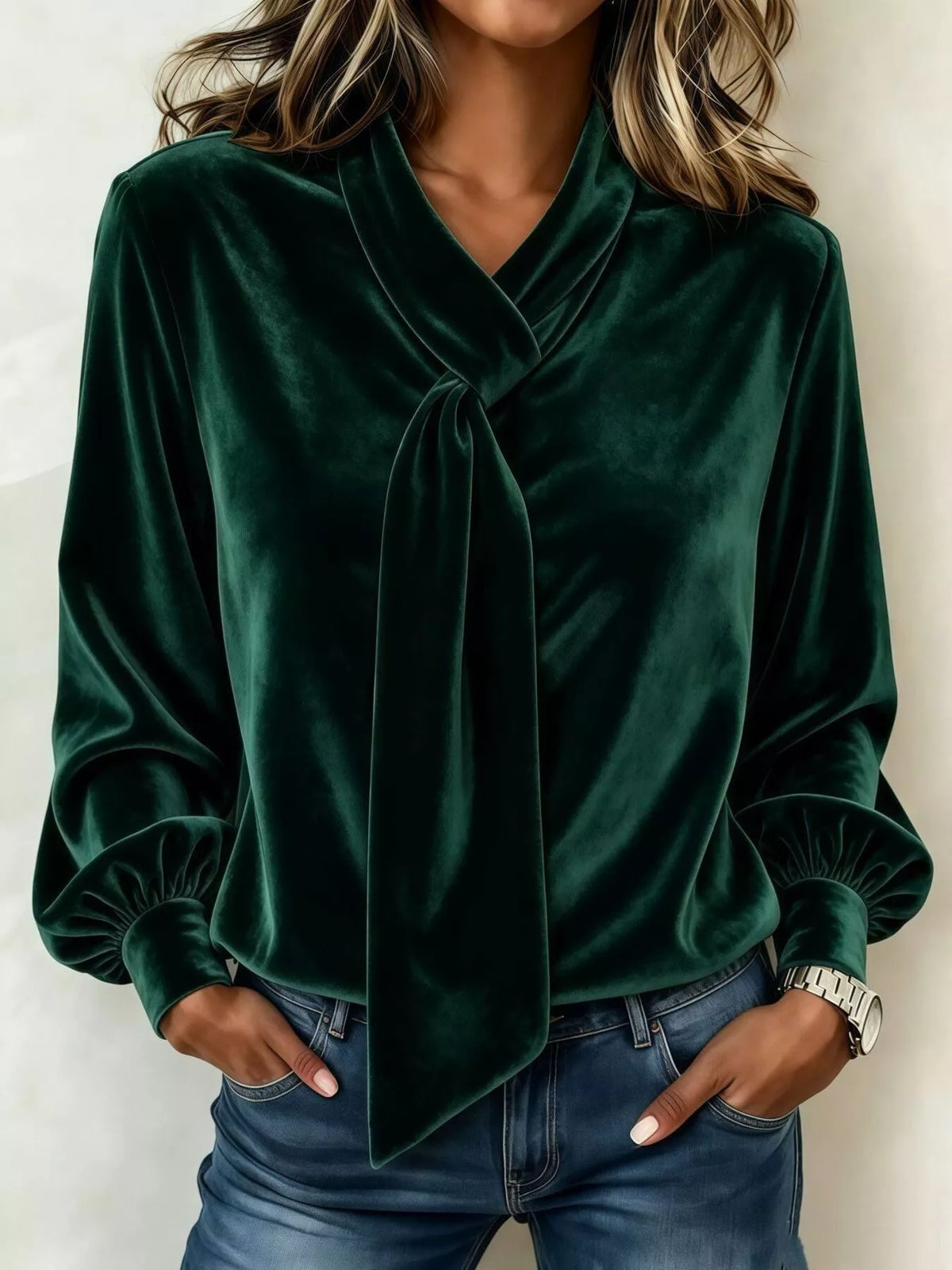 Women's Velvet Tie-Neck Long Sleeve Top in green — front view