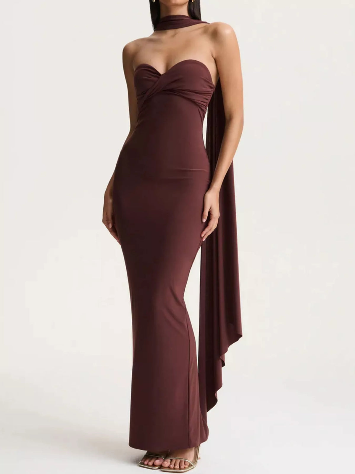 Brown strapless ruched bodycon maxi dress with scarf, front view
