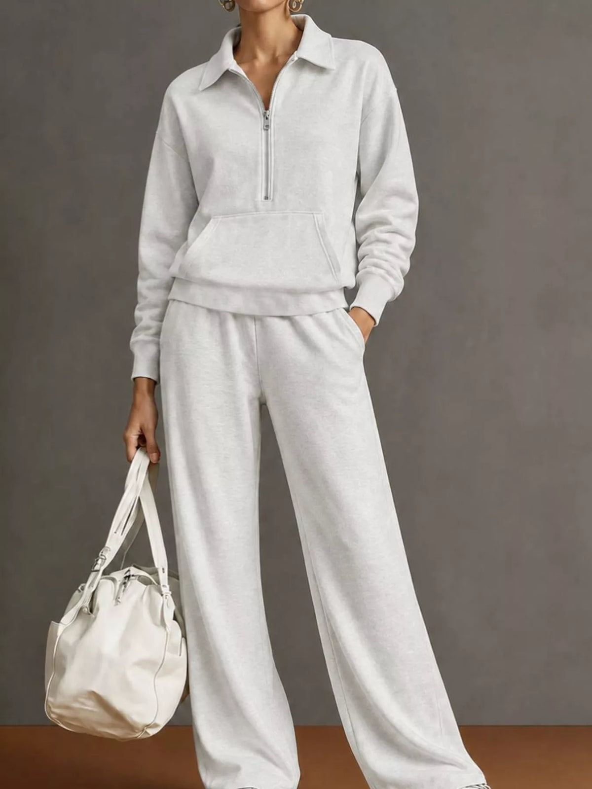 Collared long sleeve outfit set, front view on model