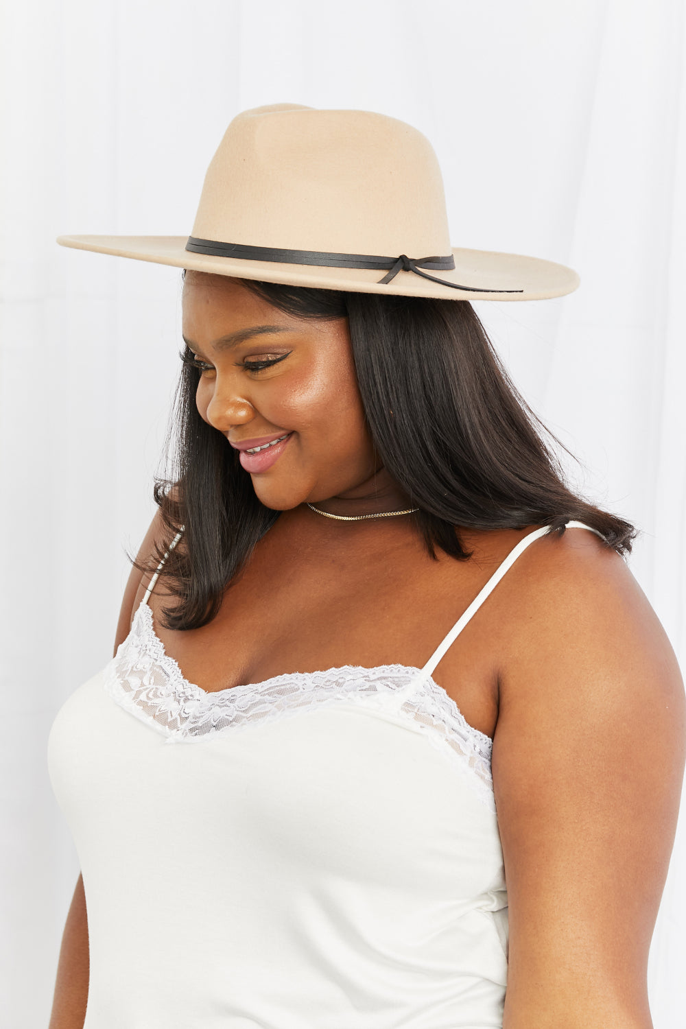 Women's Beige Fedora Hat With Faux Leather Knot Adjustable Strap — product view 3