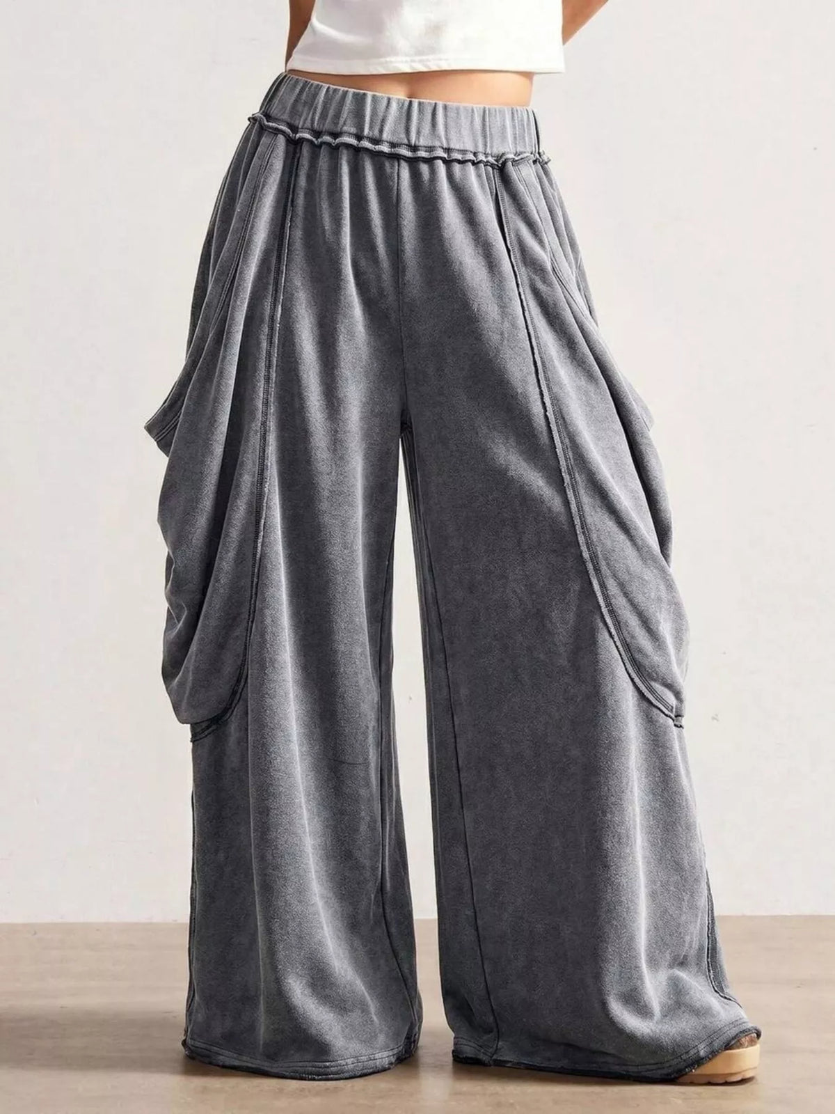 Gray wide-leg cargo pants, front view