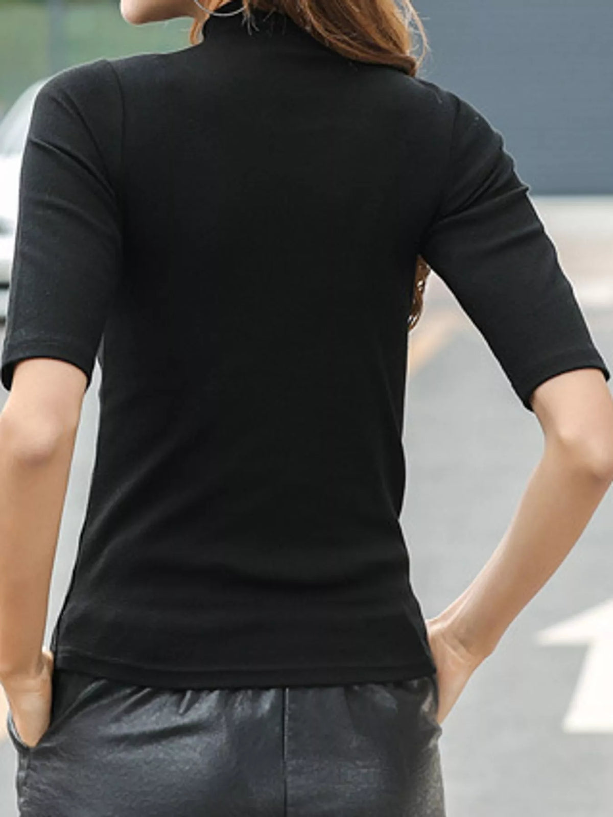 Black mock neck half sleeve t-shirt, back view