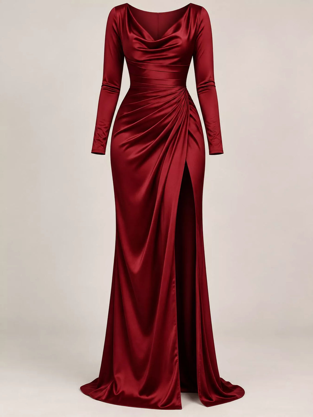Red satin cowl neck high-slit maxi dress, front product view
