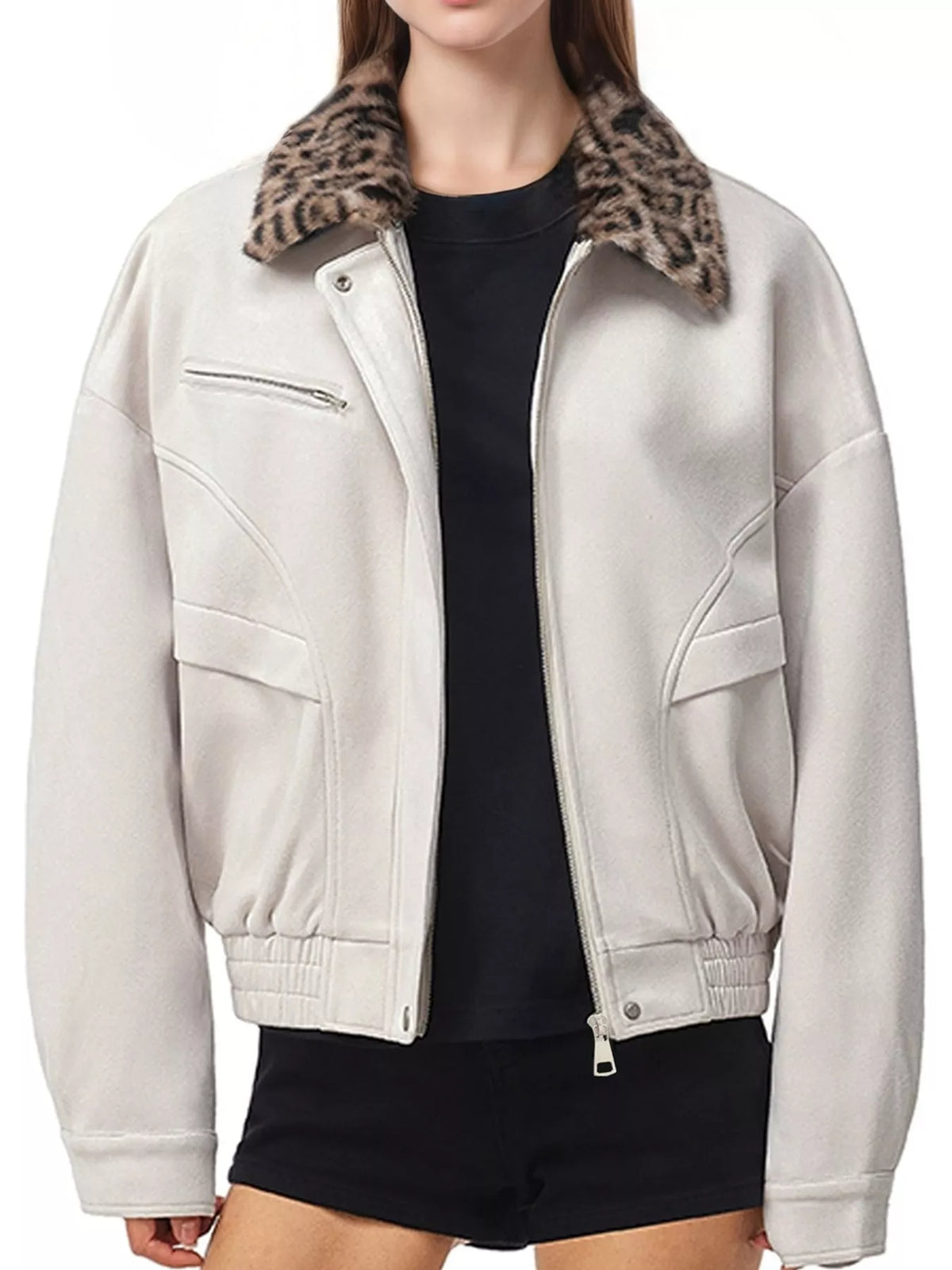Cream leopard collar zip-up jacket — front view