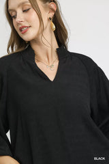 Trendsi Umgee Textured V-Neck Blouse with Balloon Sleeves -