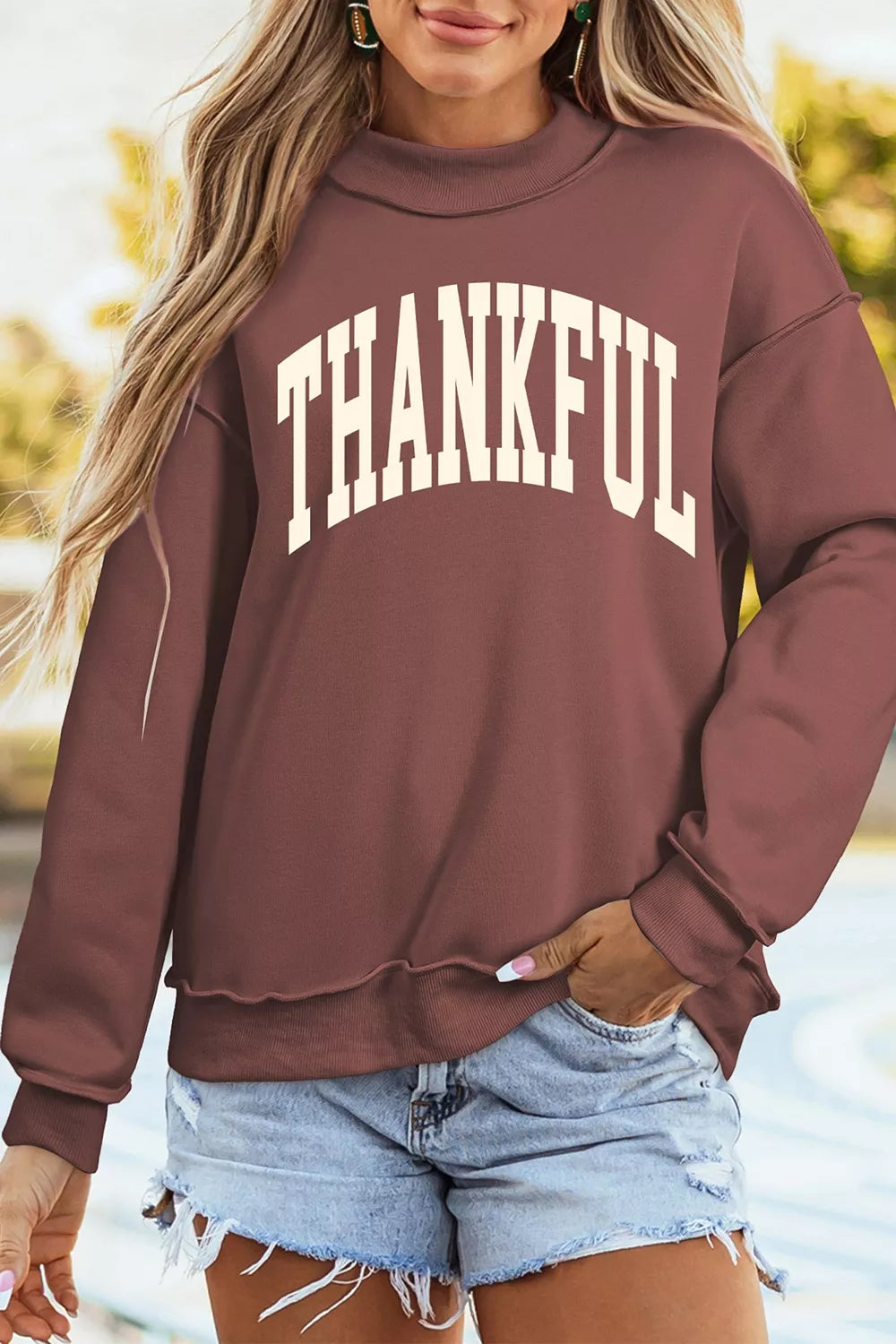Brown thanksgiving high neck graphic sweatshirt