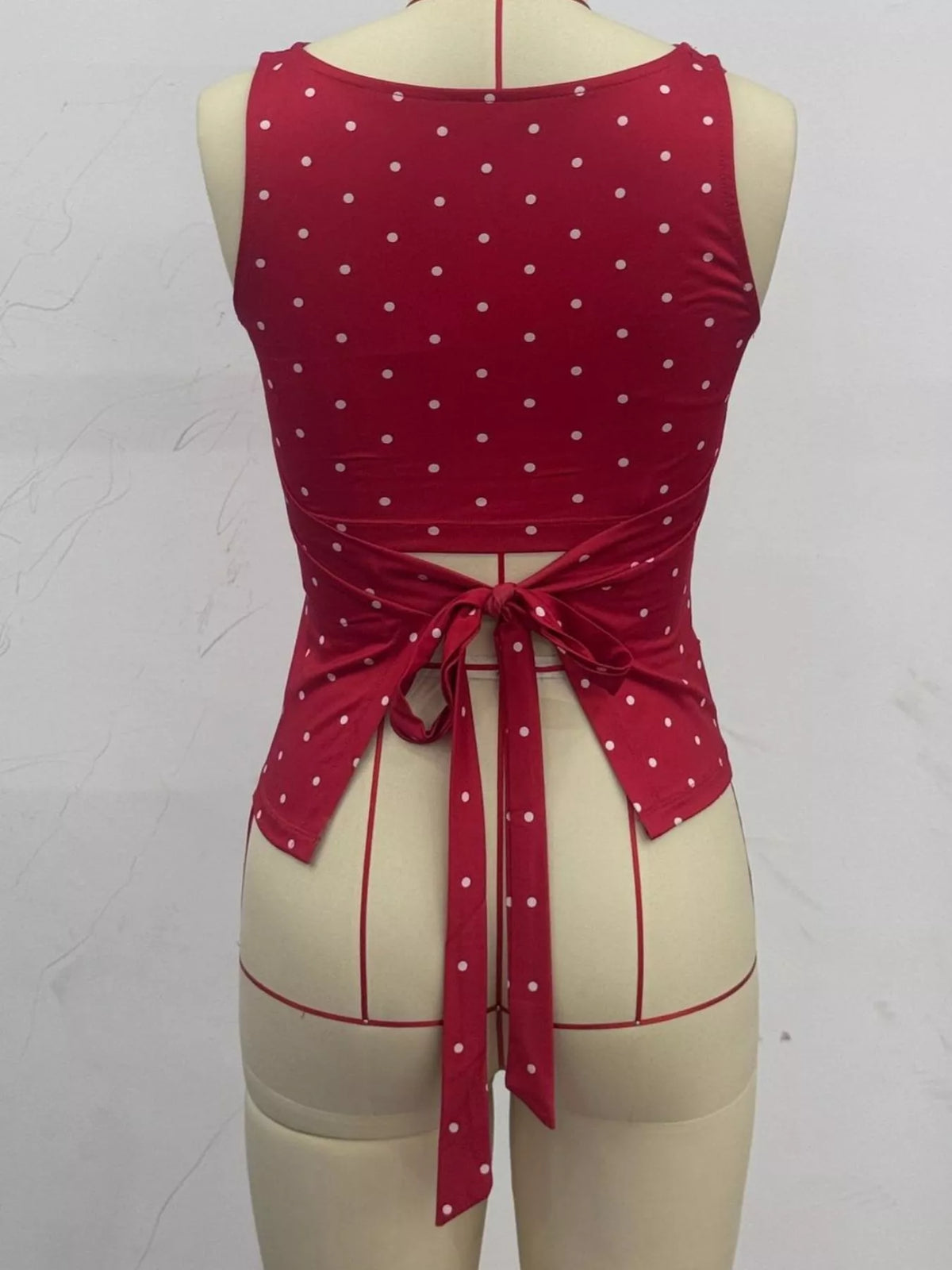 Polka Dot Print Sleeveless Tank Top with Tie Back, back view in burgundy and white