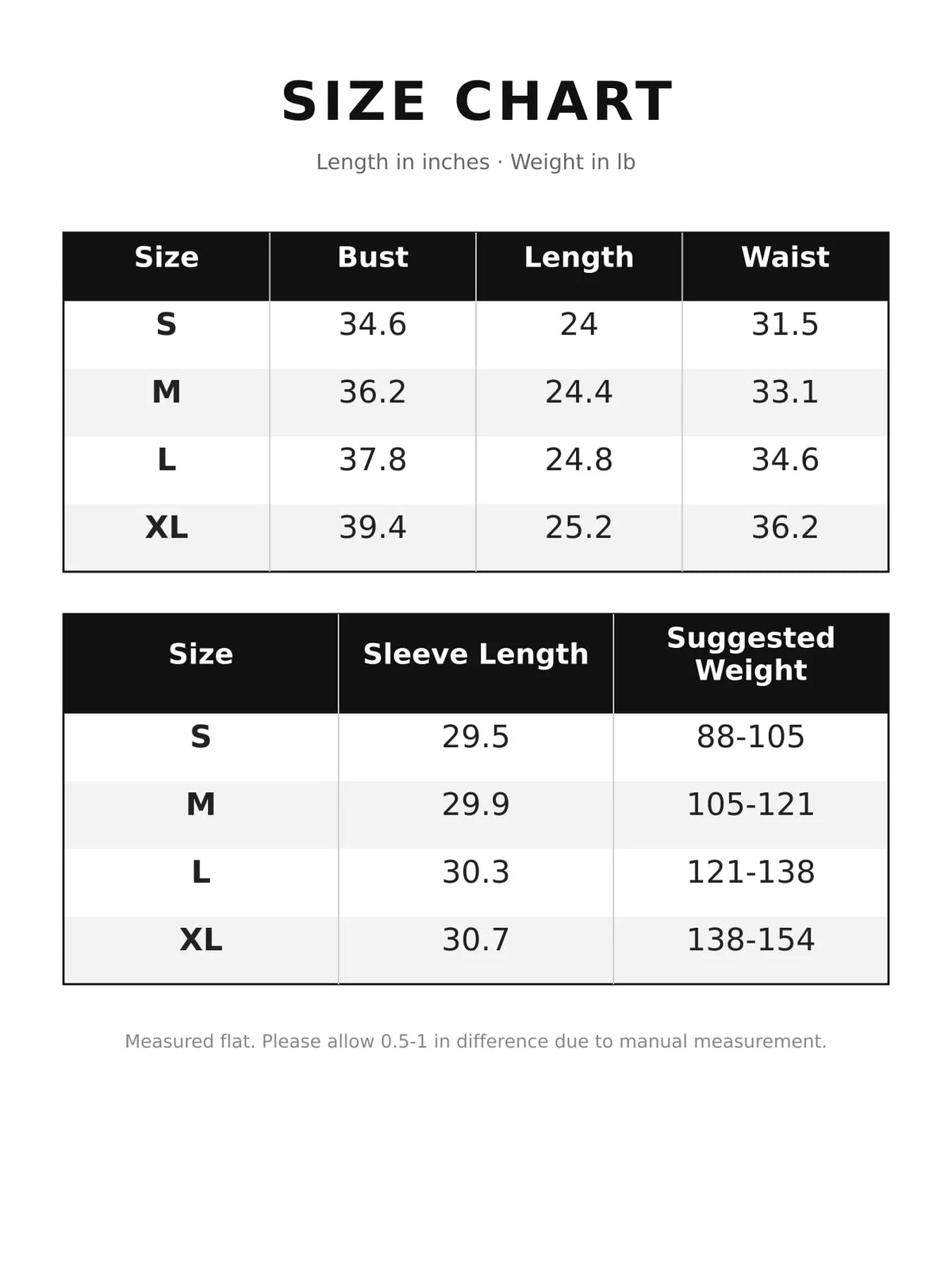 Zip-Up Long Sleeve Hoodie — size and measurement chart
