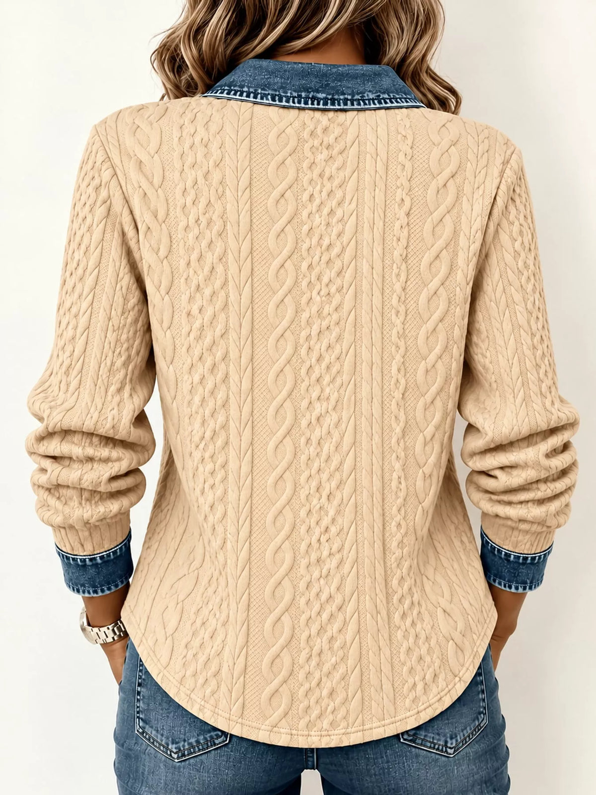 Contrast Denim Trim Textured Button-Down Shirt — back view
