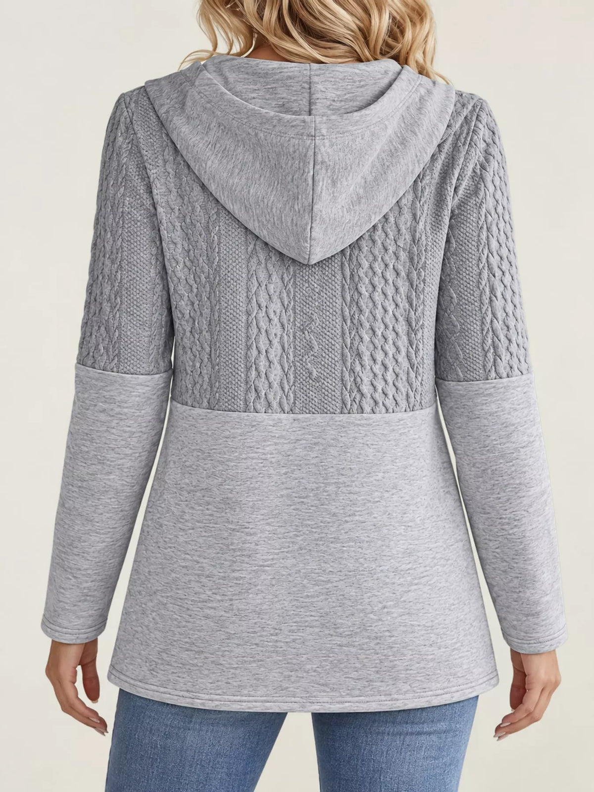 Gray hooded zip-up jacket, back view