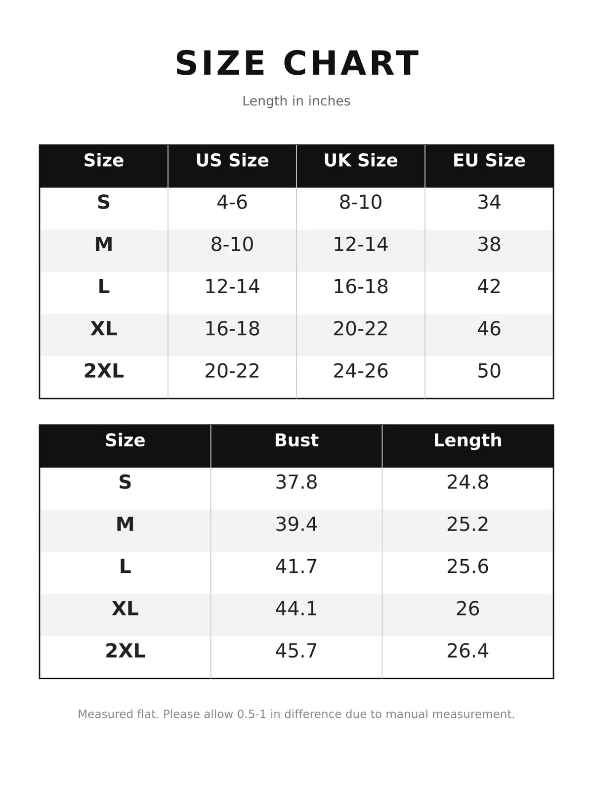 Mandarin neck long sleeve blouse, size and measurement chart