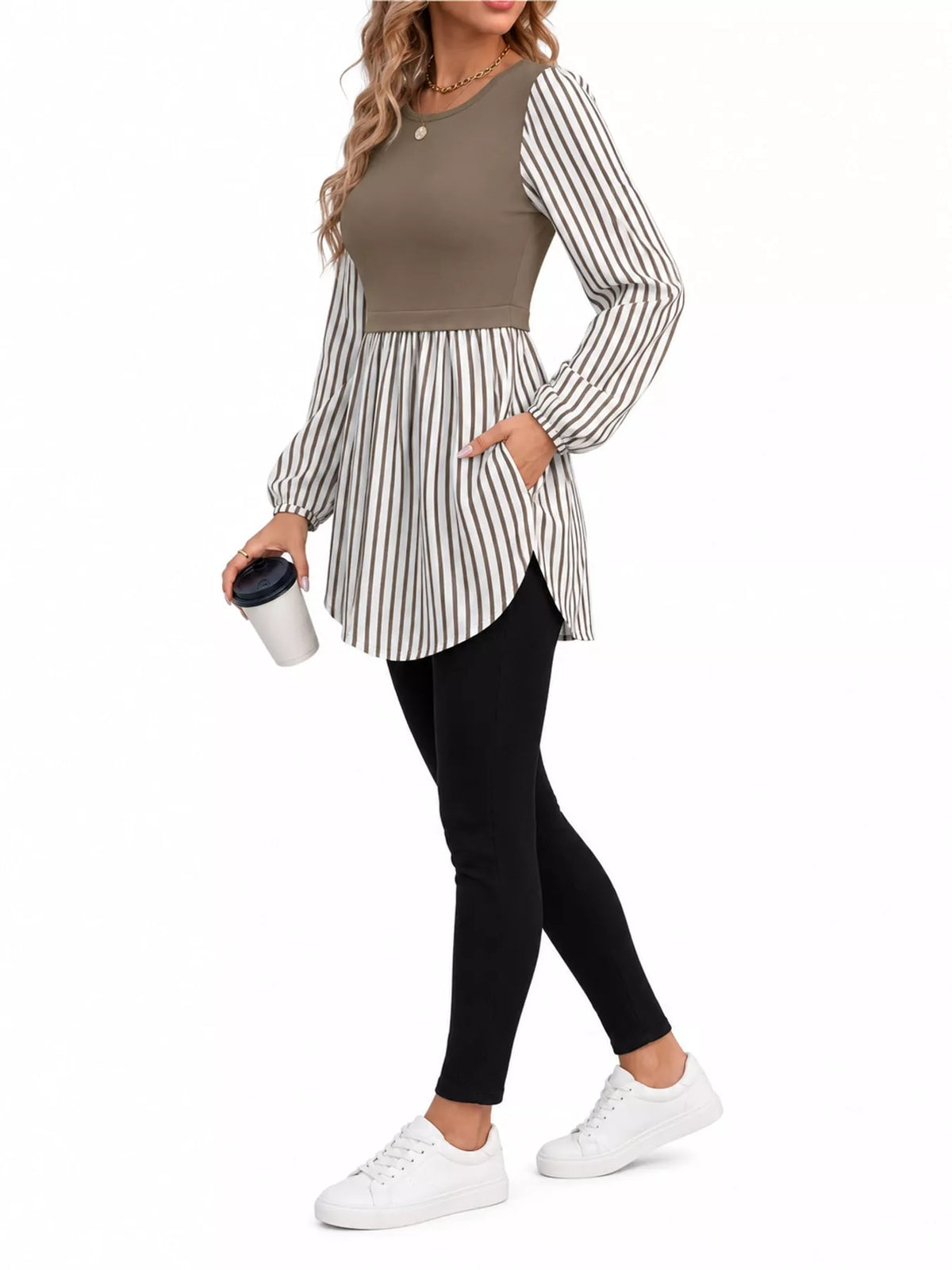Contrast Panel Long Sleeve Tunic Blouse — side view