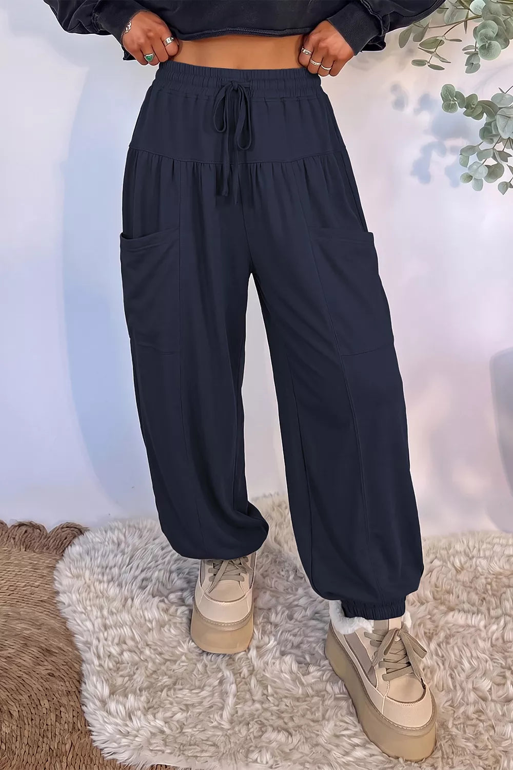 Women's Drawstring Wide-Leg Joggers in Dark Navy, back view