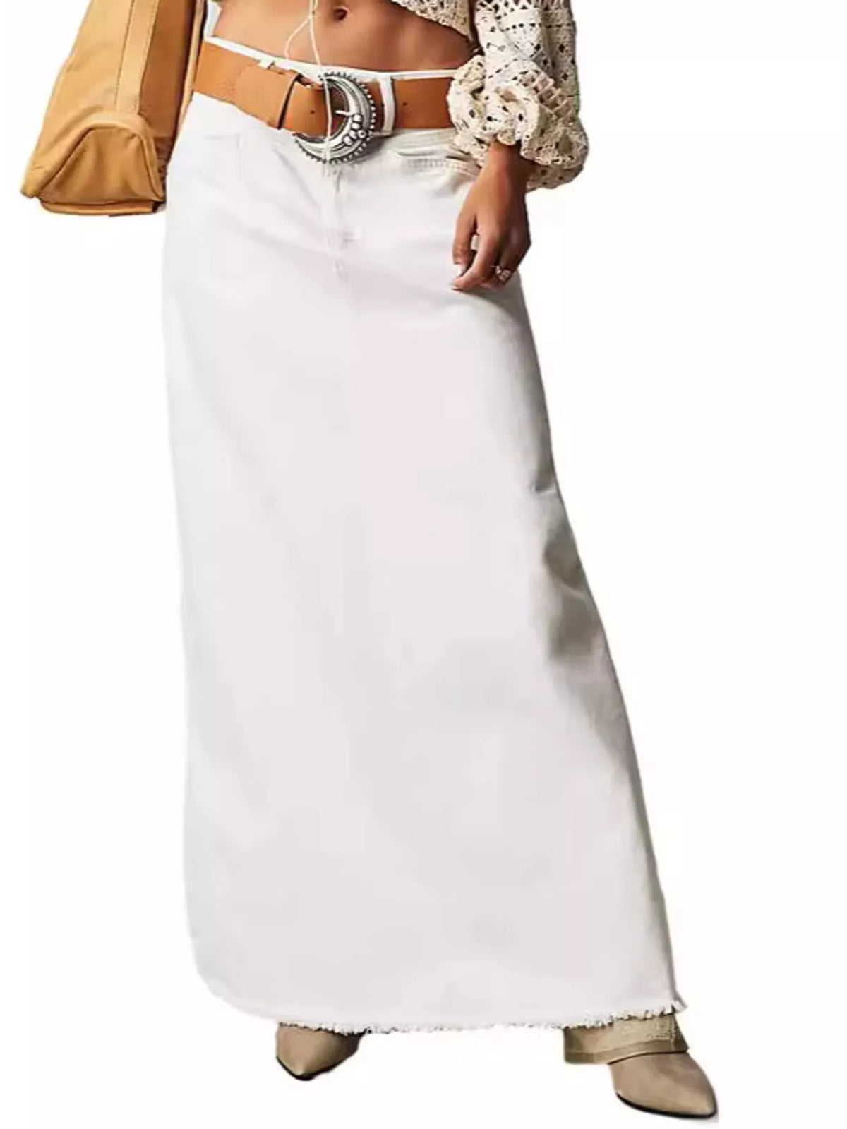 Raw Hem Maxi Denim Skirt — front view