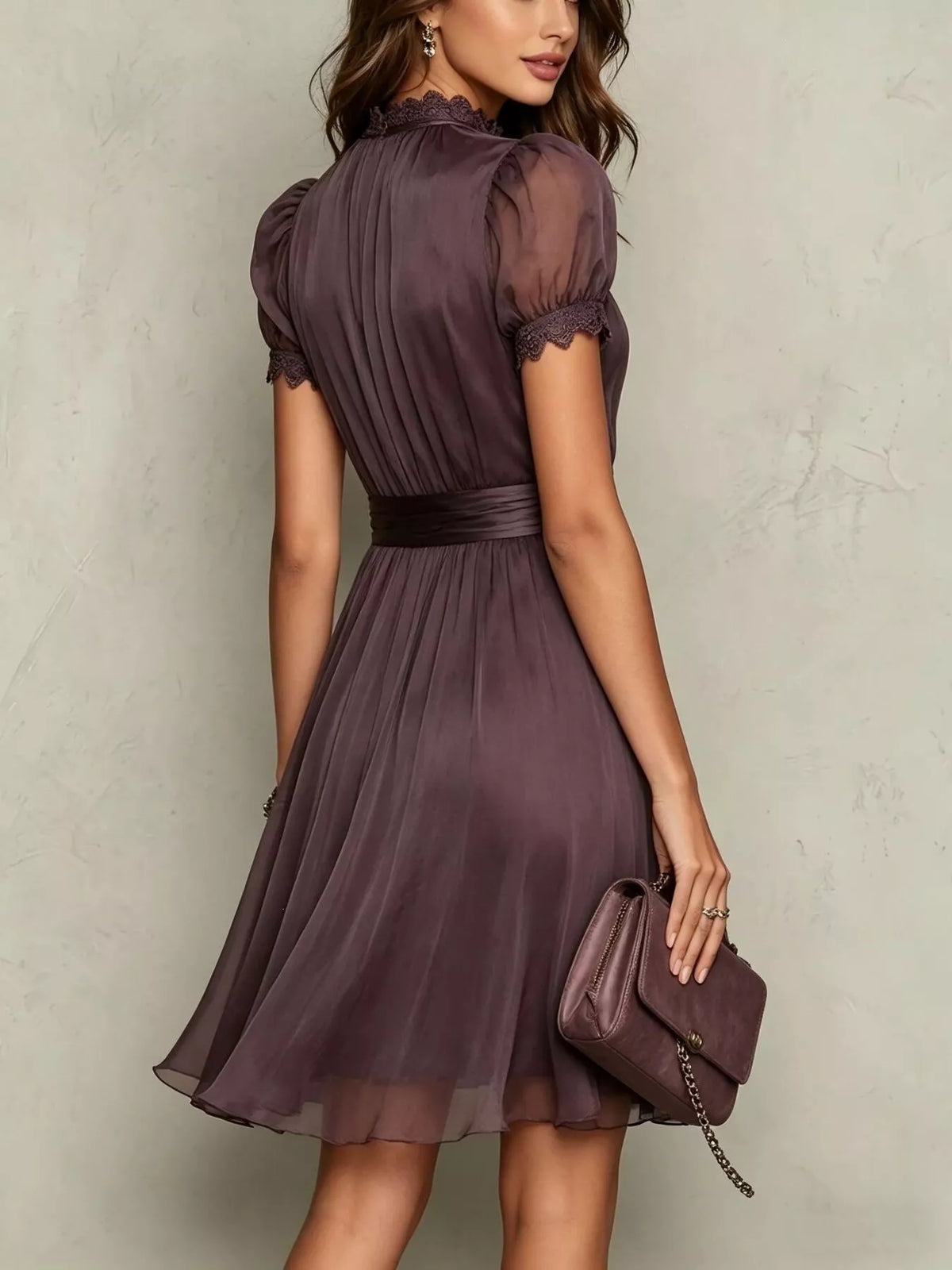 Lace-trim puff-sleeve A-line dress