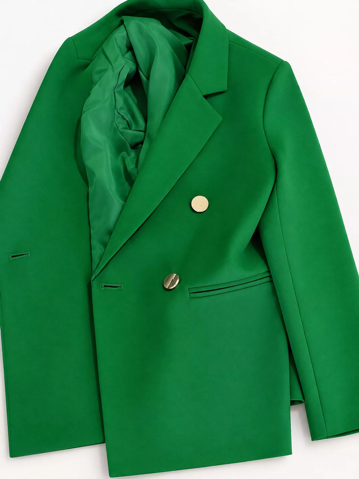 Green double-breasted lapel collar blazer, lapels, gold-tone buttons, welt pocket, and lining