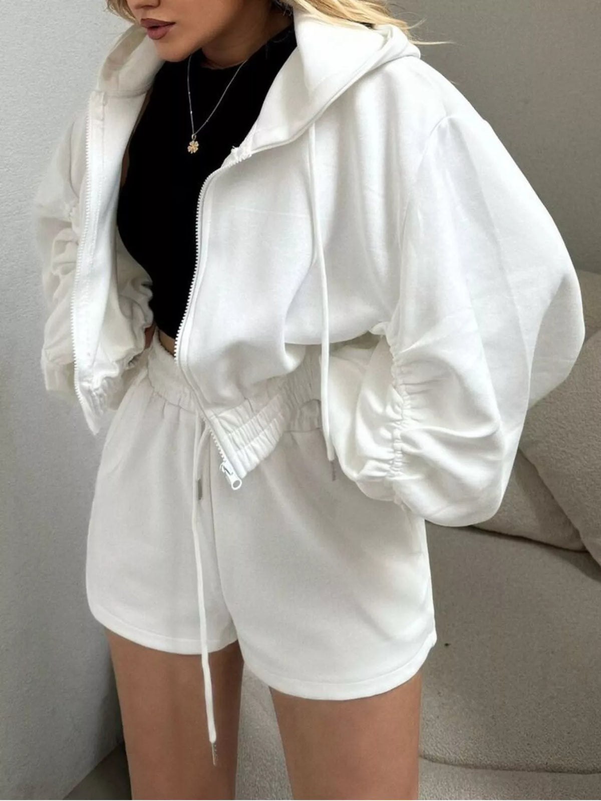 Trendsi Zip-Up Jacket and High-Waisted Drawstring Shorts Set -