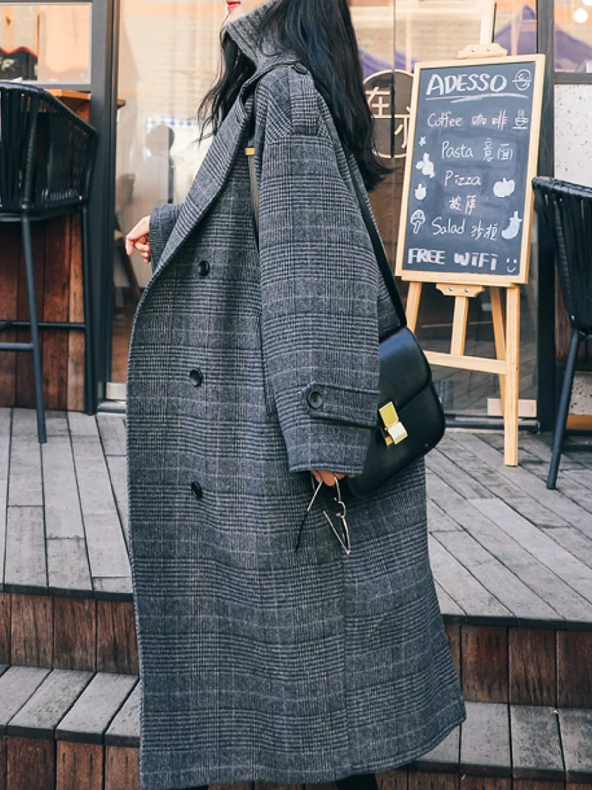 Gray plaid double-breasted longline overcoat, side view