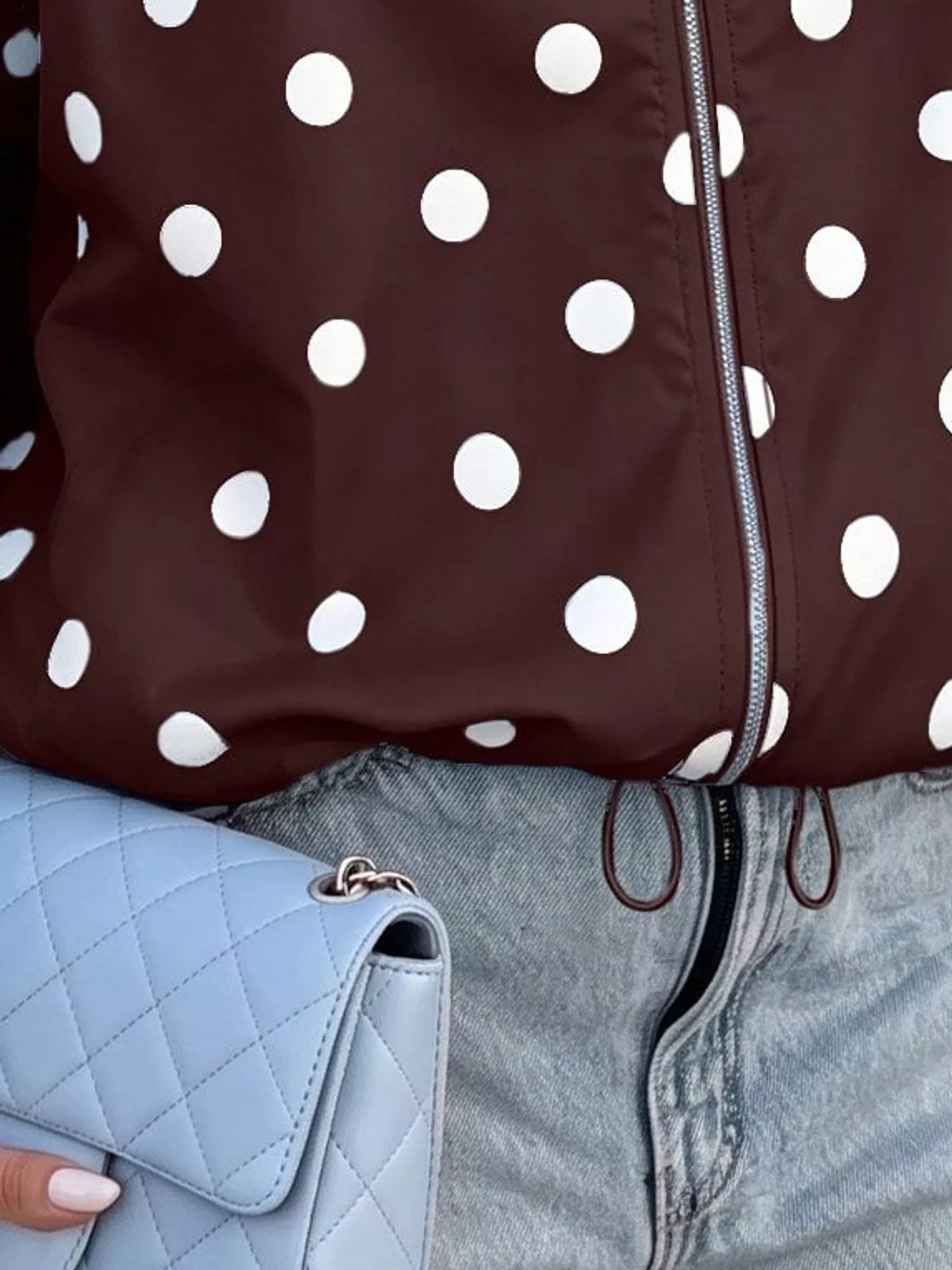Polka Dot Drawstring Zip-Up Jacket — garment construction details