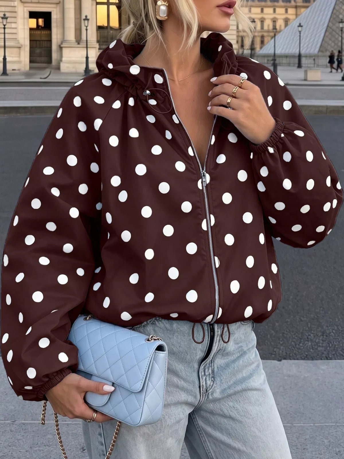 Polka Dot Drawstring Zip-Up Jacket — front view