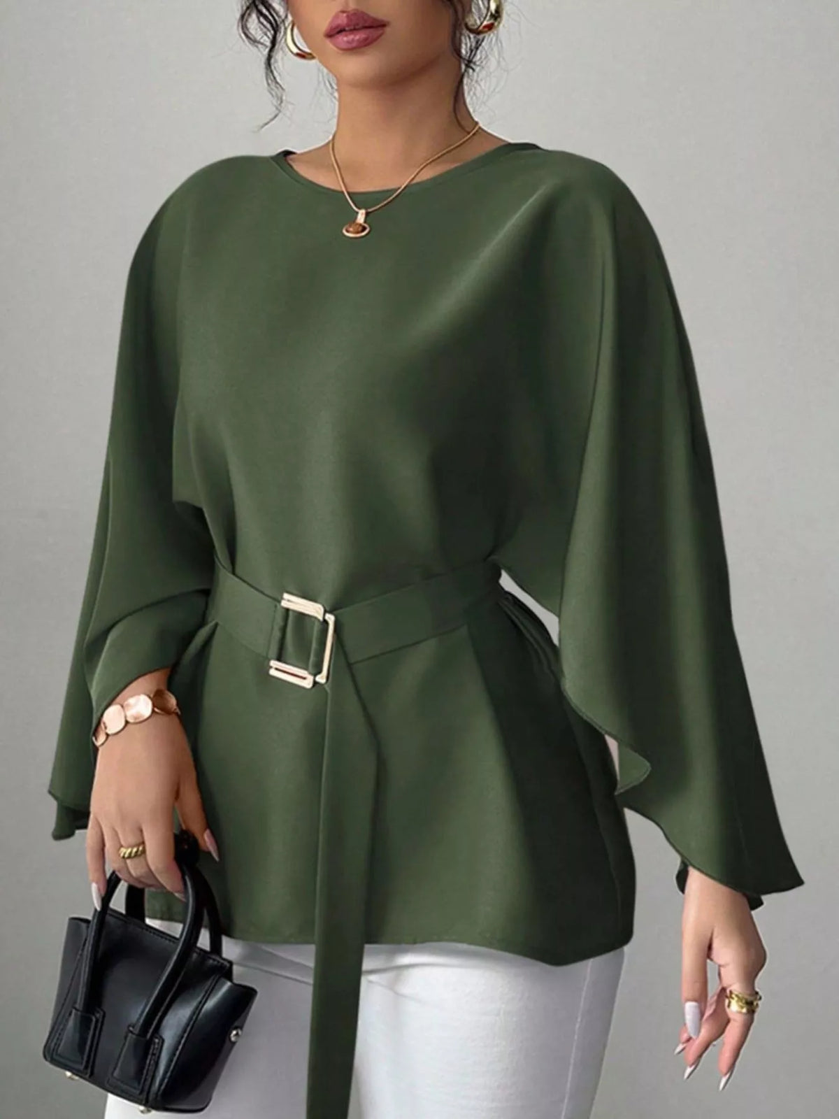 Round-neck belt batwing-sleeve blouse