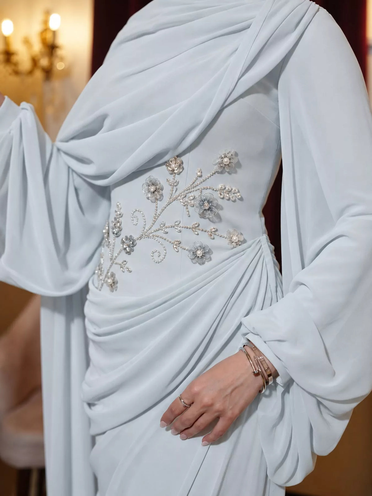 Light blue floral detail long sleeve maxi dress, detail view