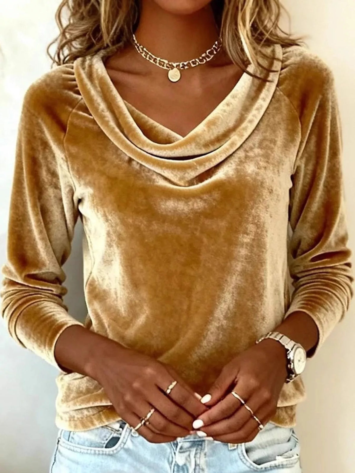Gold velvet cowl neck long sleeve t shirt, front view