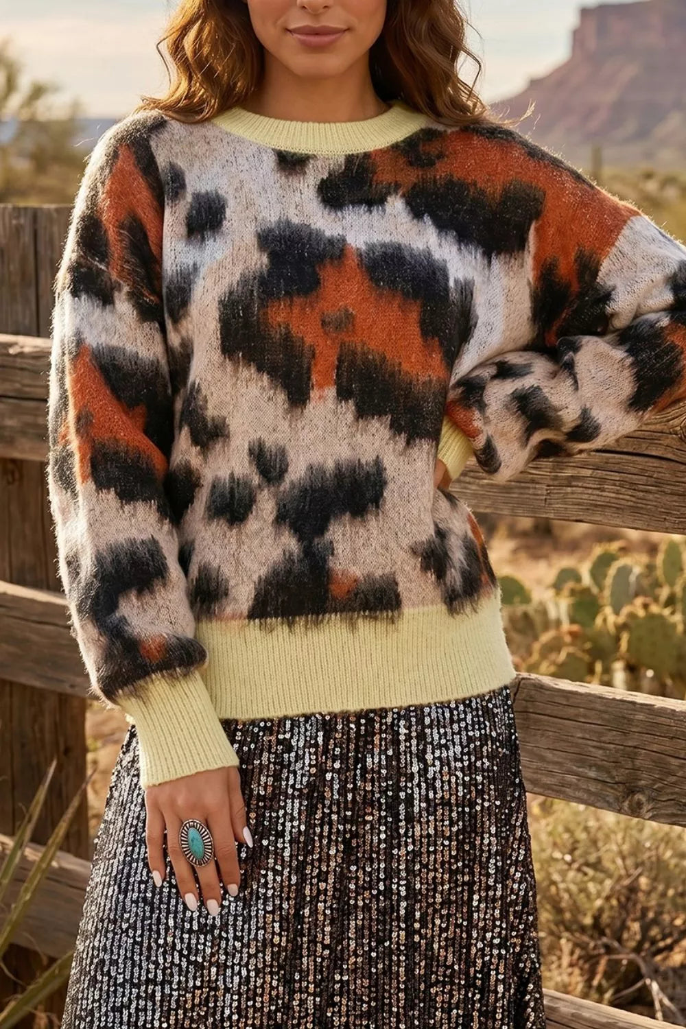 Trendsi Leopard Print Drop Shoulder Long Sleeve Round Neck Sweater -